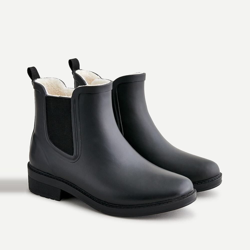 J.Crew Shearling-lined Chelsea Rain Boots Womens 9 Black Ankle Bootie